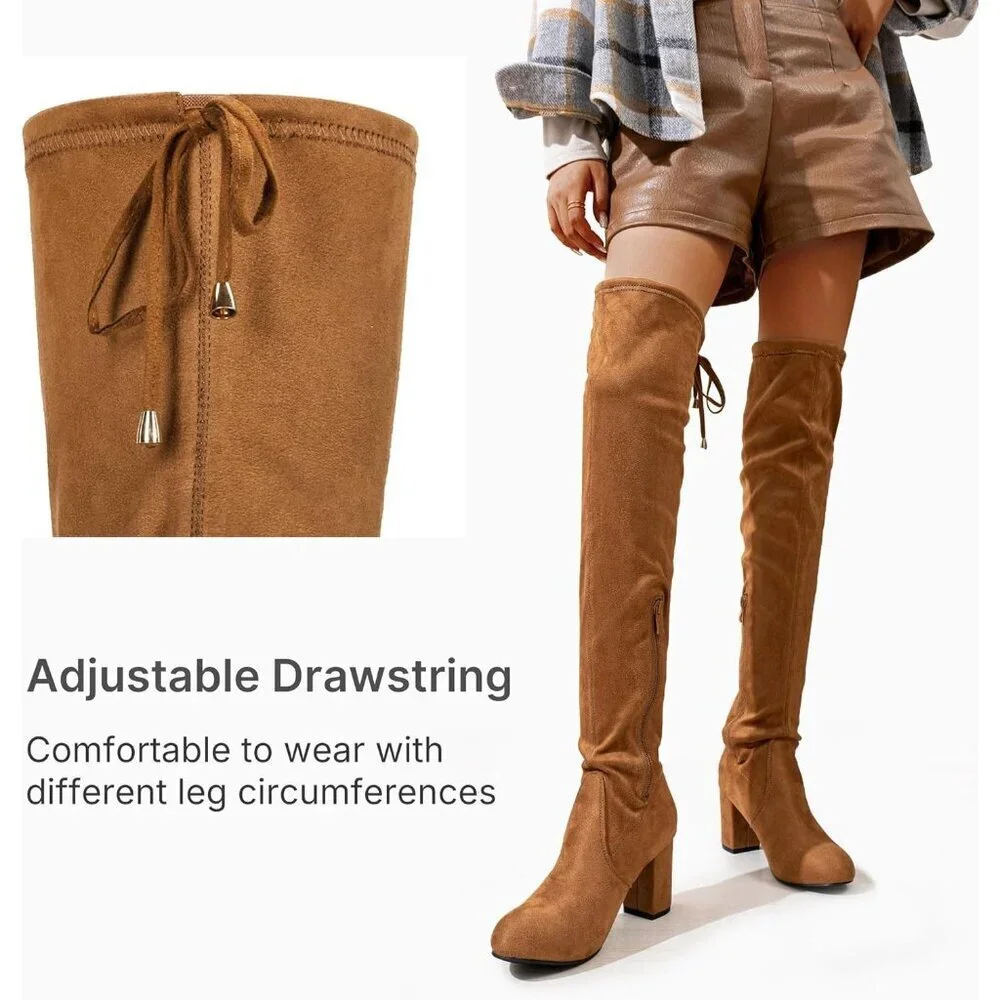 Women's Camel Suede Chunky Heels Zipper Over The Knee High Adjustable Boots
